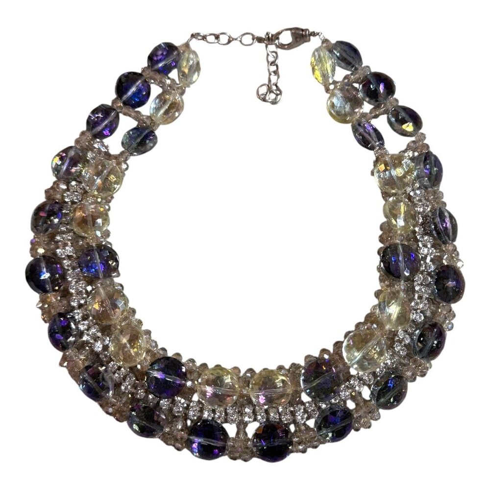 Crystal Glass Statement Necklace Bib Choker Purple Rhinestone 925 Sterling VTG